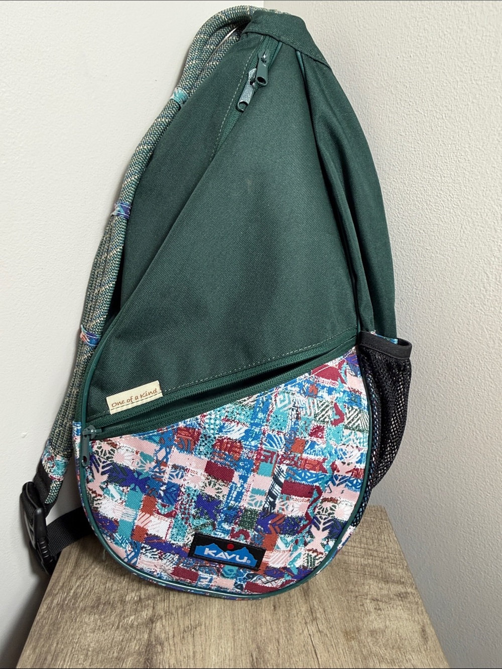 Kavu Dark Green Sling Bag with Multicolor Patch Front One of A Kind